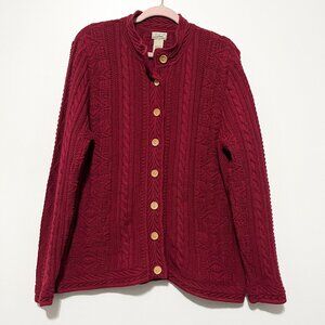 LL Bean Womens Vintage Thick Cable Knit Cardigan XL Cotton Red Fisherman Chunky